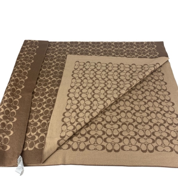 Coach Wool Blend Signature Logo Blanket Throw Wrap Large 39x57” Tan Brown Shawl - Picture 2 of 9